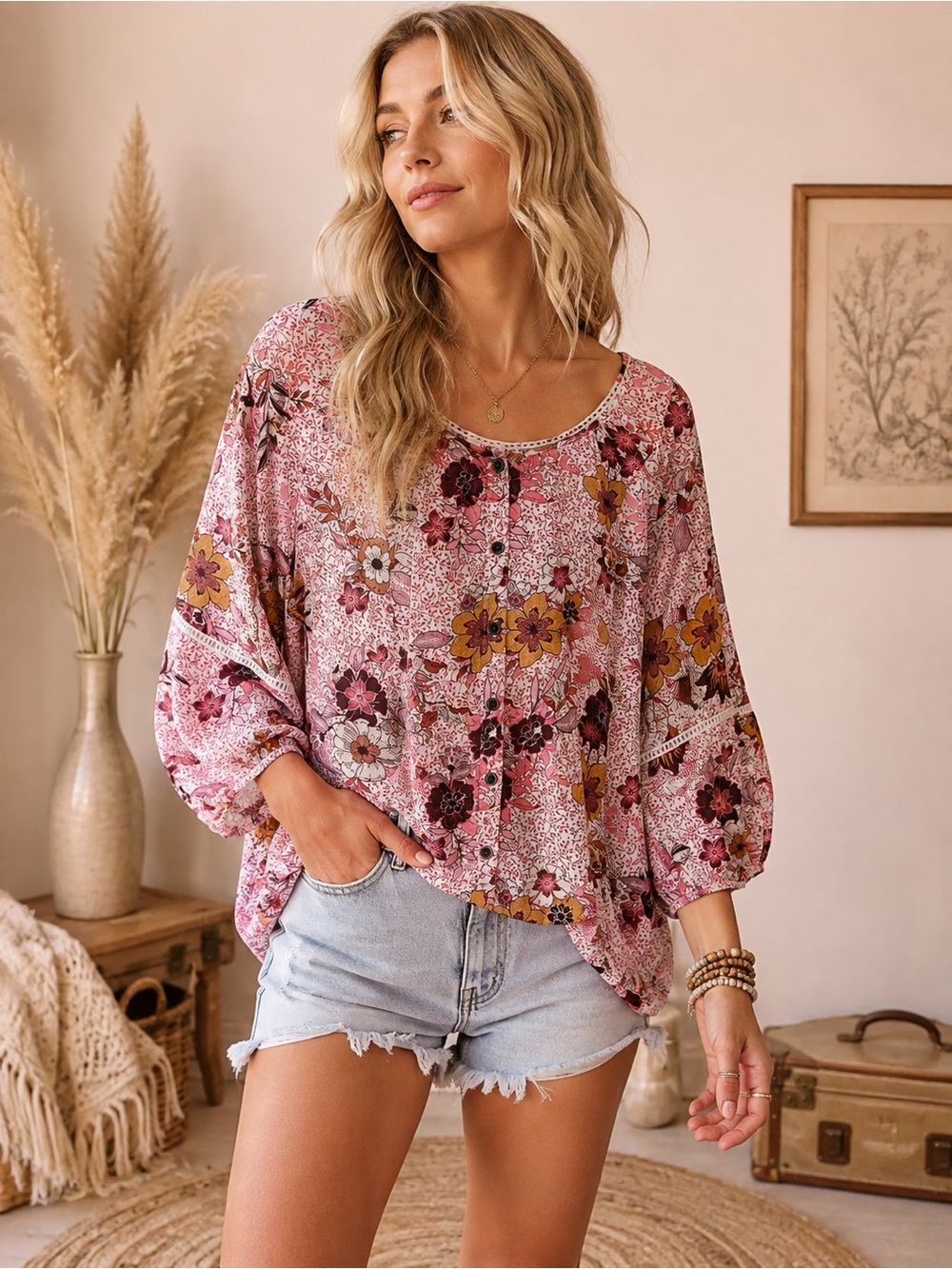 Knox Rose Boho Chic Pink Floral Button-Front Peasant Blouse